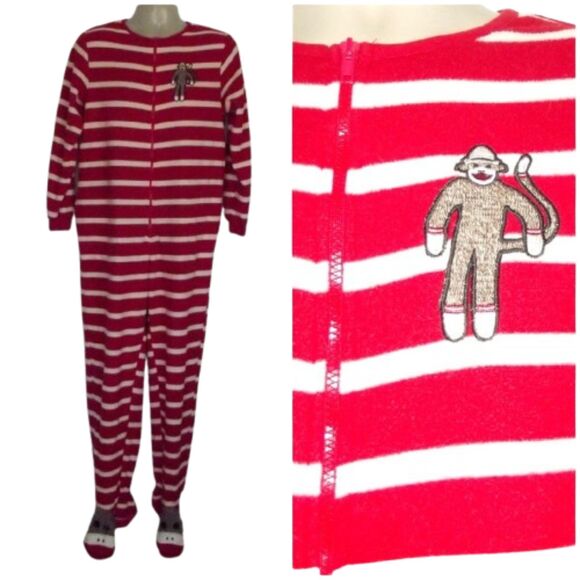 NICK & NORA Sock Monkey Footie Pajamas/Union Suit, M, Red/White, Zips, Pockets - Picture 1 of 12